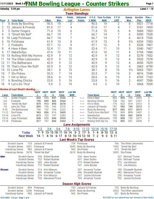 Standing Sheets TNM Bowling League - Counter Strikers - League Secretary